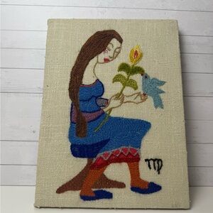 Antique VIRGO THE VIRGIN Italian Zodiac Embroidery WALL ART